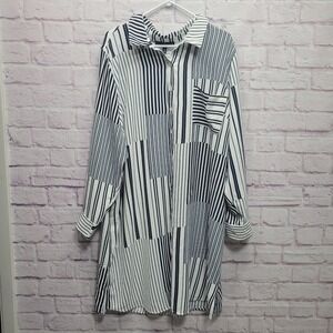NEW Fred David Blue & White Shirt Dress Plus Sz 3X Full Button Tab Sleeve Flowy